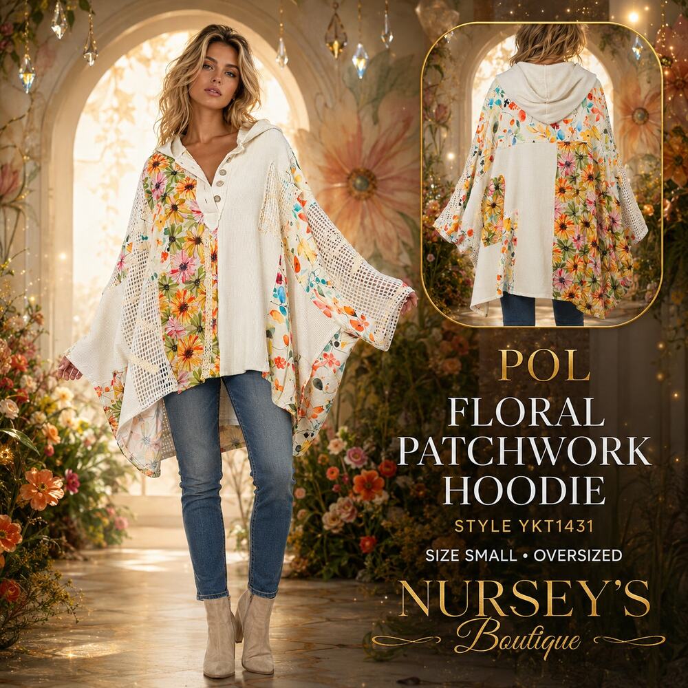 POL YKT1431 Floral Patchwork Crochet Hoodie Small Oversized Boho Top